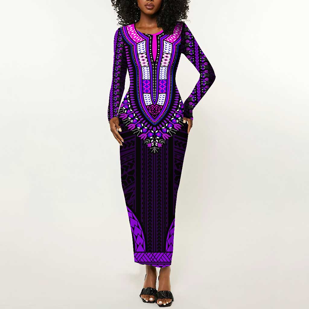 African Dashiki and Polynesian Pattern Long Sleeve Bodycon Dress Purple