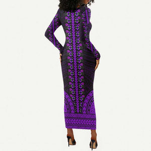 African Dashiki and Polynesian Pattern Long Sleeve Bodycon Dress Purple