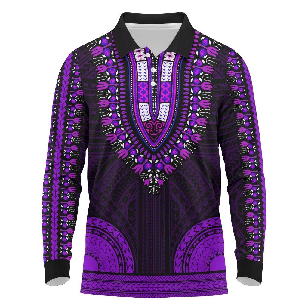 African Dashiki and Polynesian Pattern Long Sleeve Polo Shirt Purple