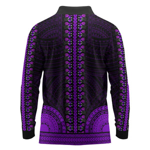 African Dashiki and Polynesian Pattern Long Sleeve Polo Shirt Purple