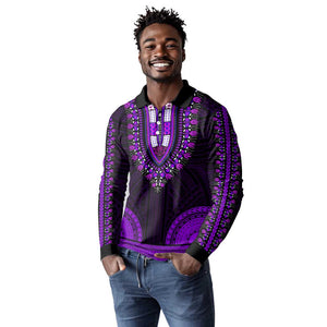 African Dashiki and Polynesian Pattern Long Sleeve Polo Shirt Purple