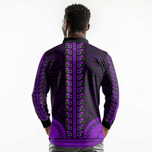 African Dashiki and Polynesian Pattern Long Sleeve Polo Shirt Purple