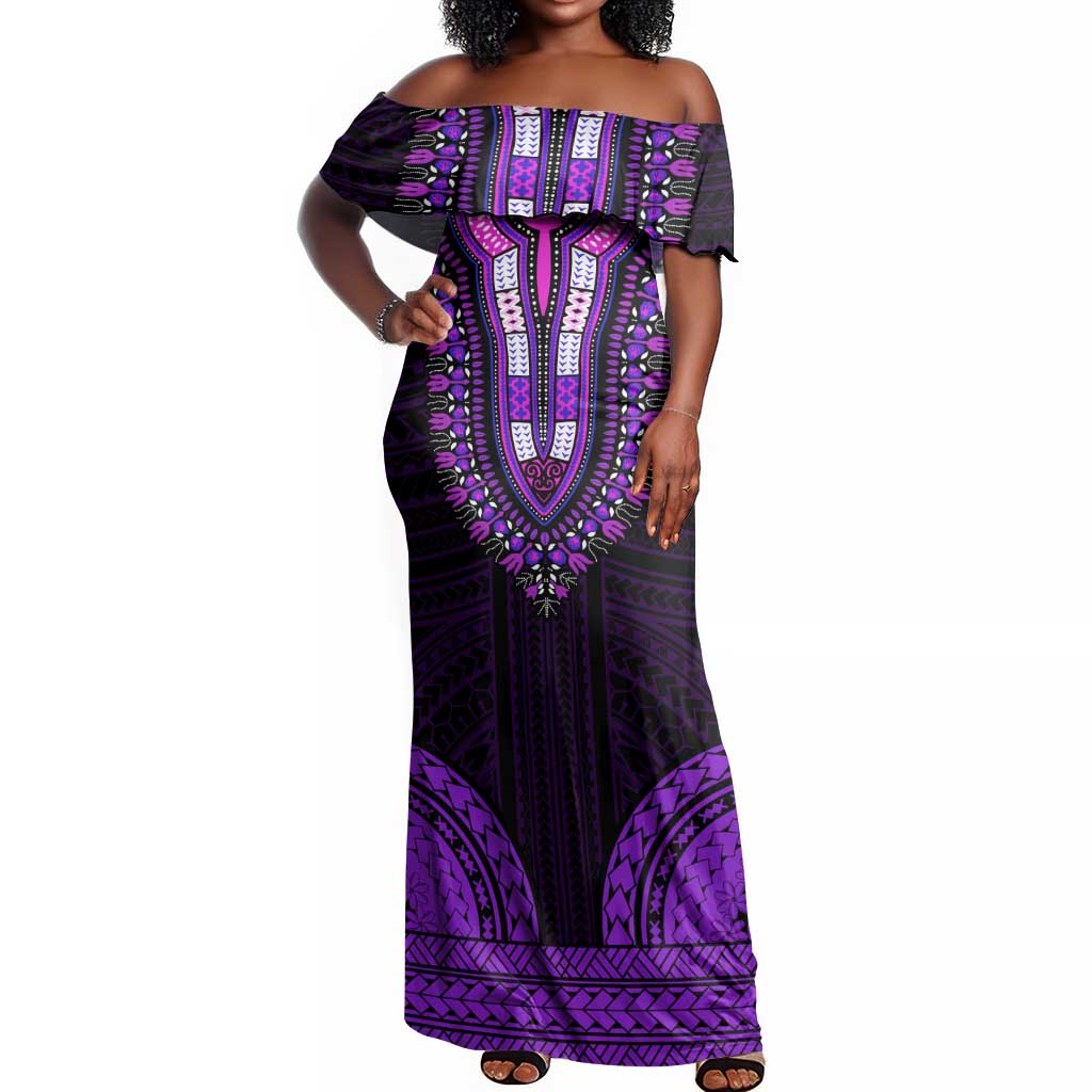 African Dashiki and Polynesian Pattern Off Shoulder Maxi Dress Purple