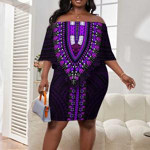 African Dashiki and Polynesian Pattern Off Shoulder Short Dress Purple