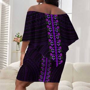 African Dashiki and Polynesian Pattern Off Shoulder Short Dress Purple