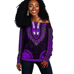 African Dashiki and Polynesian Pattern Off Shoulder Sweater Purple