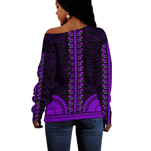 African Dashiki and Polynesian Pattern Off Shoulder Sweater Purple