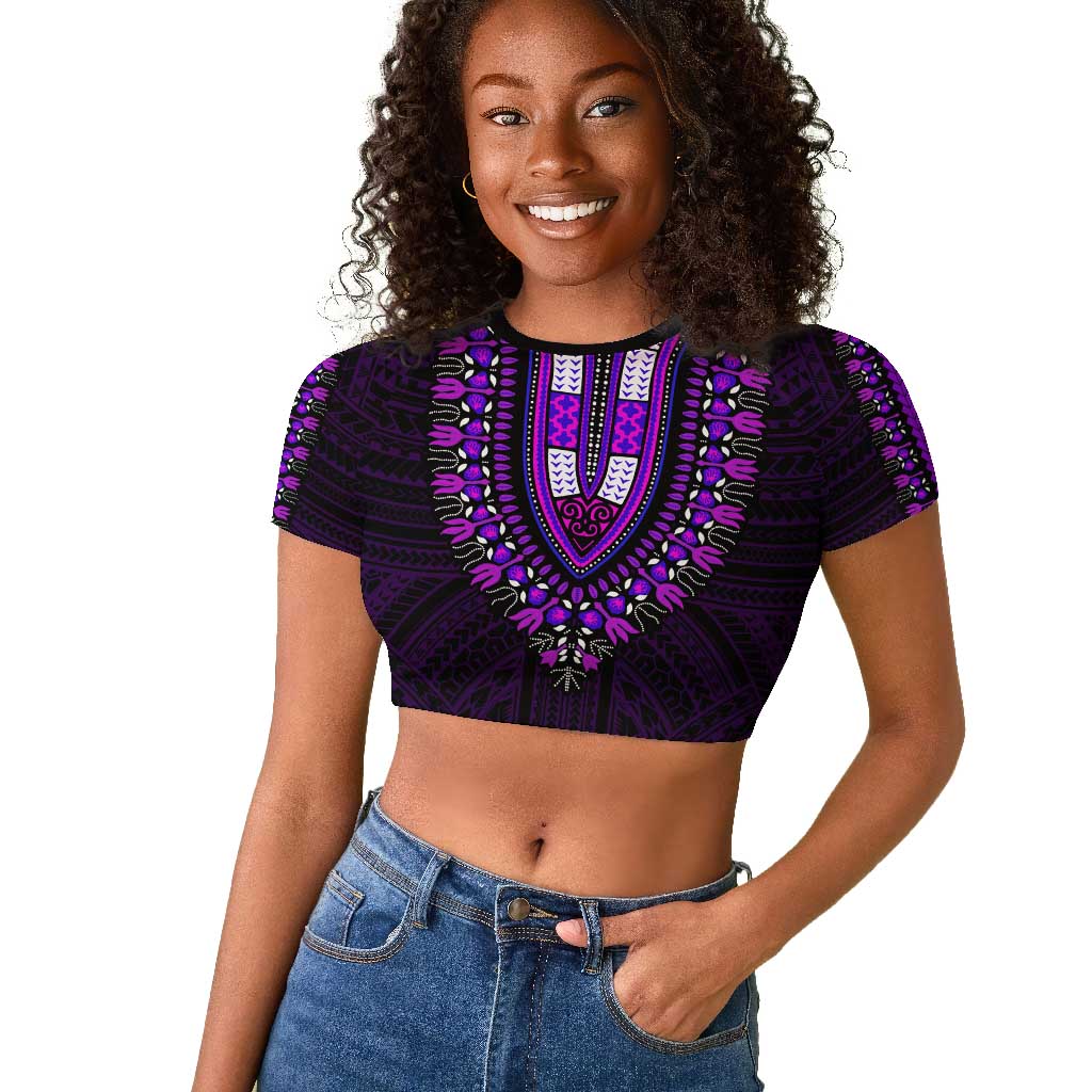 African Dashiki and Polynesian Pattern Raglan Cropped T shirt Purple