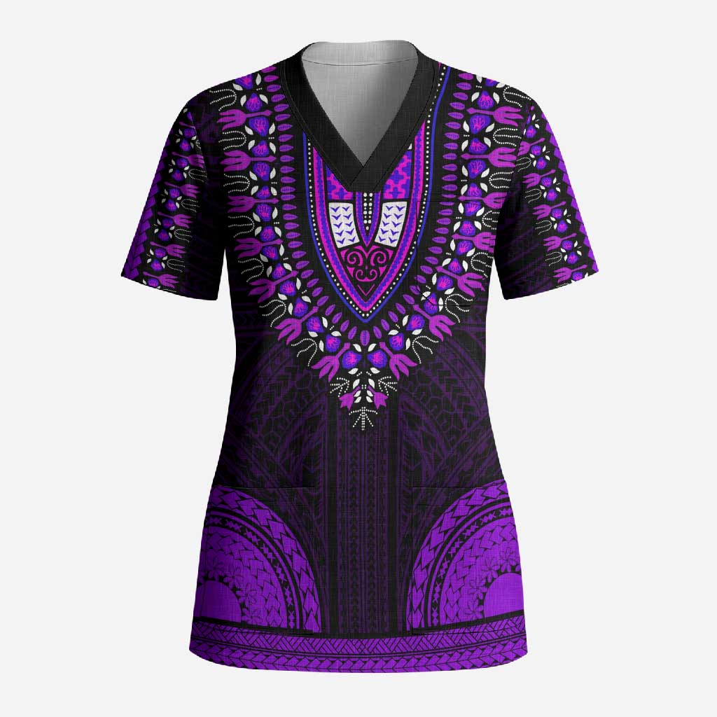 African Dashiki and Polynesian Pattern Scrub Top Purple