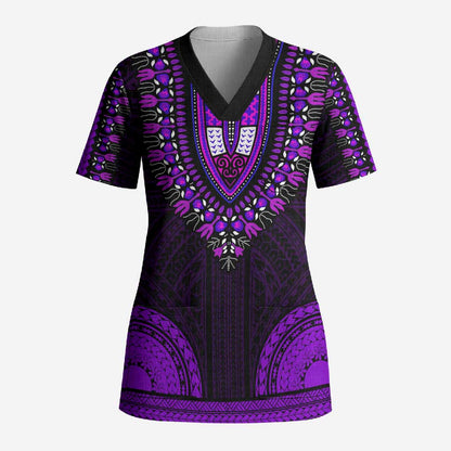 African Dashiki and Polynesian Pattern Scrub Top Purple