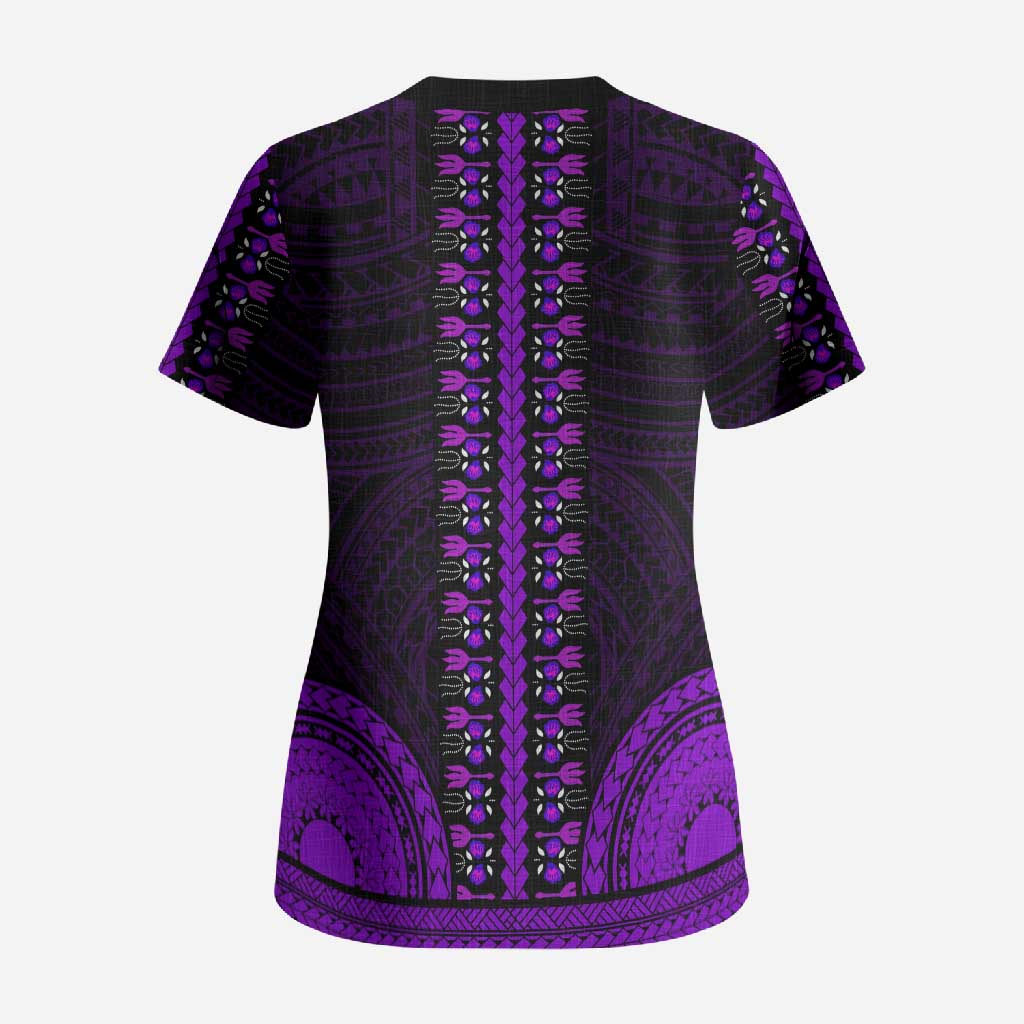 African Dashiki and Polynesian Pattern Scrub Top Purple