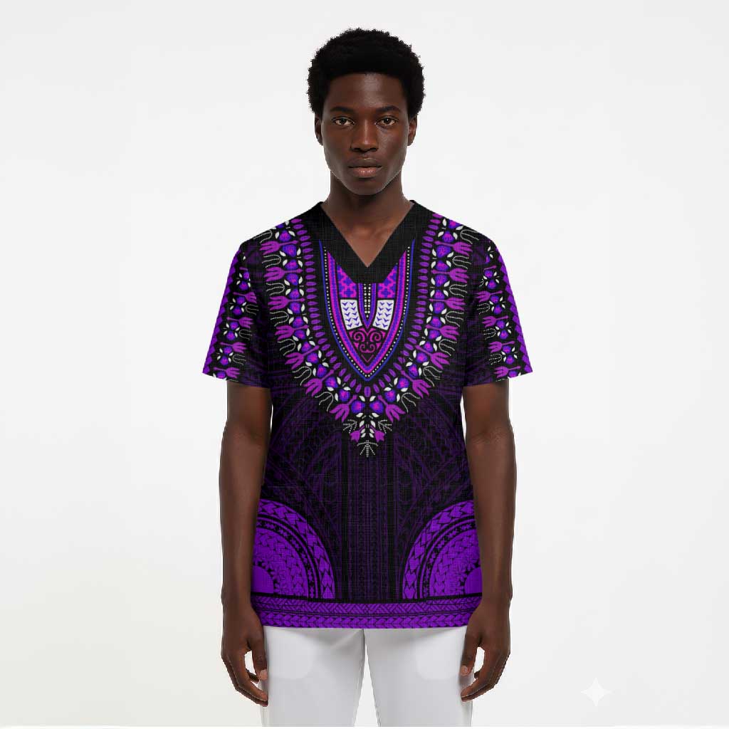 African Dashiki and Polynesian Pattern Scrub Top Purple