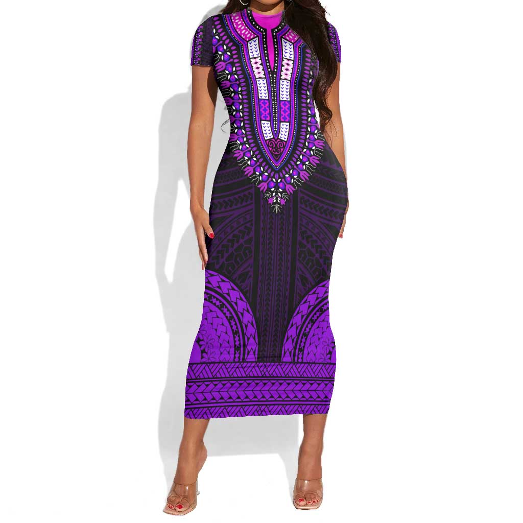 African Dashiki and Polynesian Pattern Short Sleeve Bodycon Dress Purple