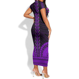 African Dashiki and Polynesian Pattern Short Sleeve Bodycon Dress Purple