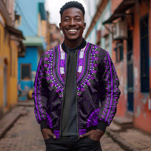 African Dashiki and Polynesian Pattern Sleeve Zip Bomber Jacket Purple