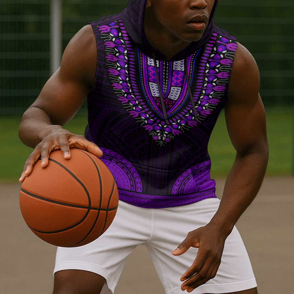 African Dashiki and Polynesian Pattern Sleeveless Hoodie Purple - African Pride