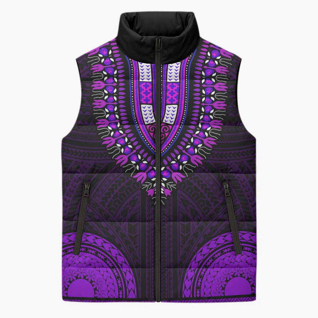 African Dashiki and Polynesian Pattern Sleeveless Puffer Jacket Purple