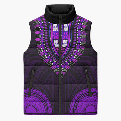 African Dashiki and Polynesian Pattern Sleeveless Puffer Jacket Purple