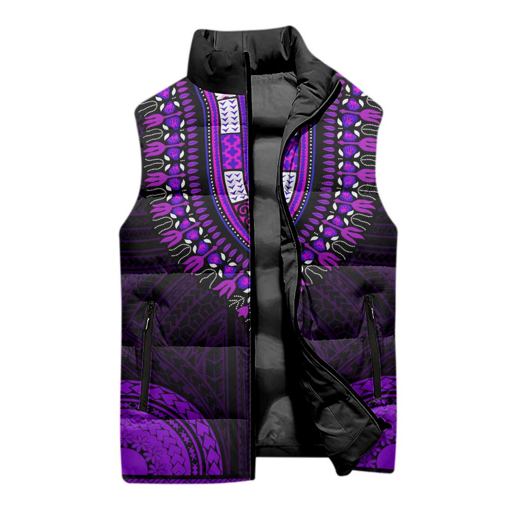 African Dashiki and Polynesian Pattern Sleeveless Puffer Jacket Purple