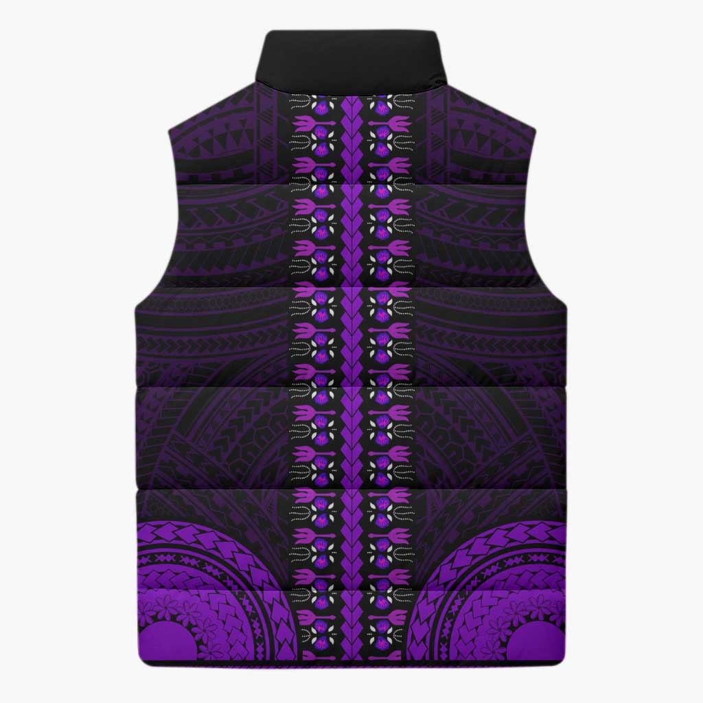African Dashiki and Polynesian Pattern Sleeveless Puffer Jacket Purple