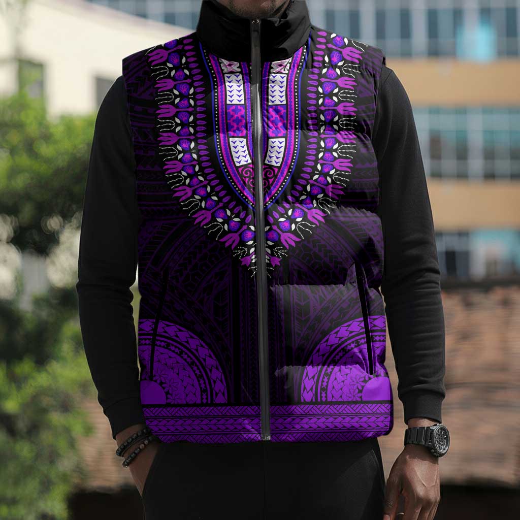 African Dashiki and Polynesian Pattern Sleeveless Puffer Jacket Purple