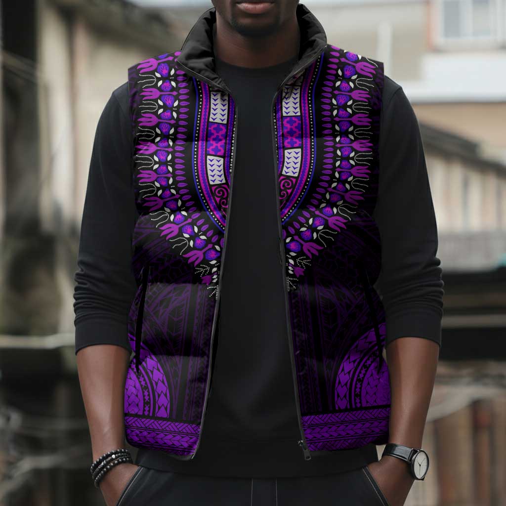 African Dashiki and Polynesian Pattern Sleeveless Puffer Jacket Purple