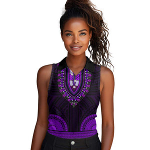 African Dashiki and Polynesian Pattern Women Sleeveless Polo Shirt Purple