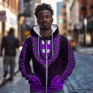 African Dashiki and Polynesian Pattern Zip Hoodie Purple