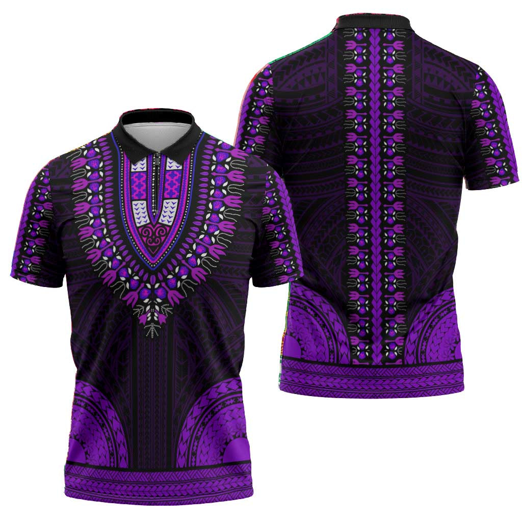 African Dashiki and Polynesian Pattern Zipper Polo Shirt Purple