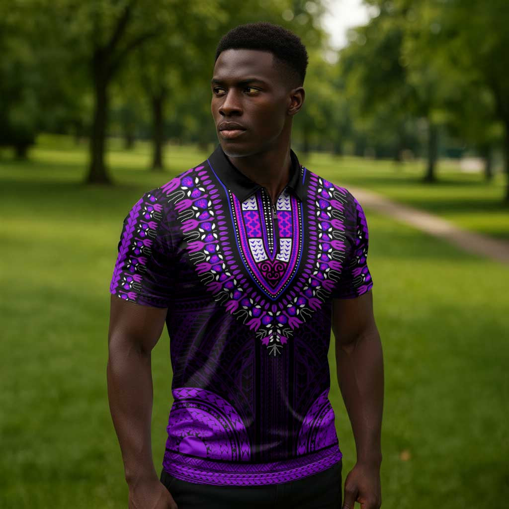 African Dashiki and Polynesian Pattern Zipper Polo Shirt Purple