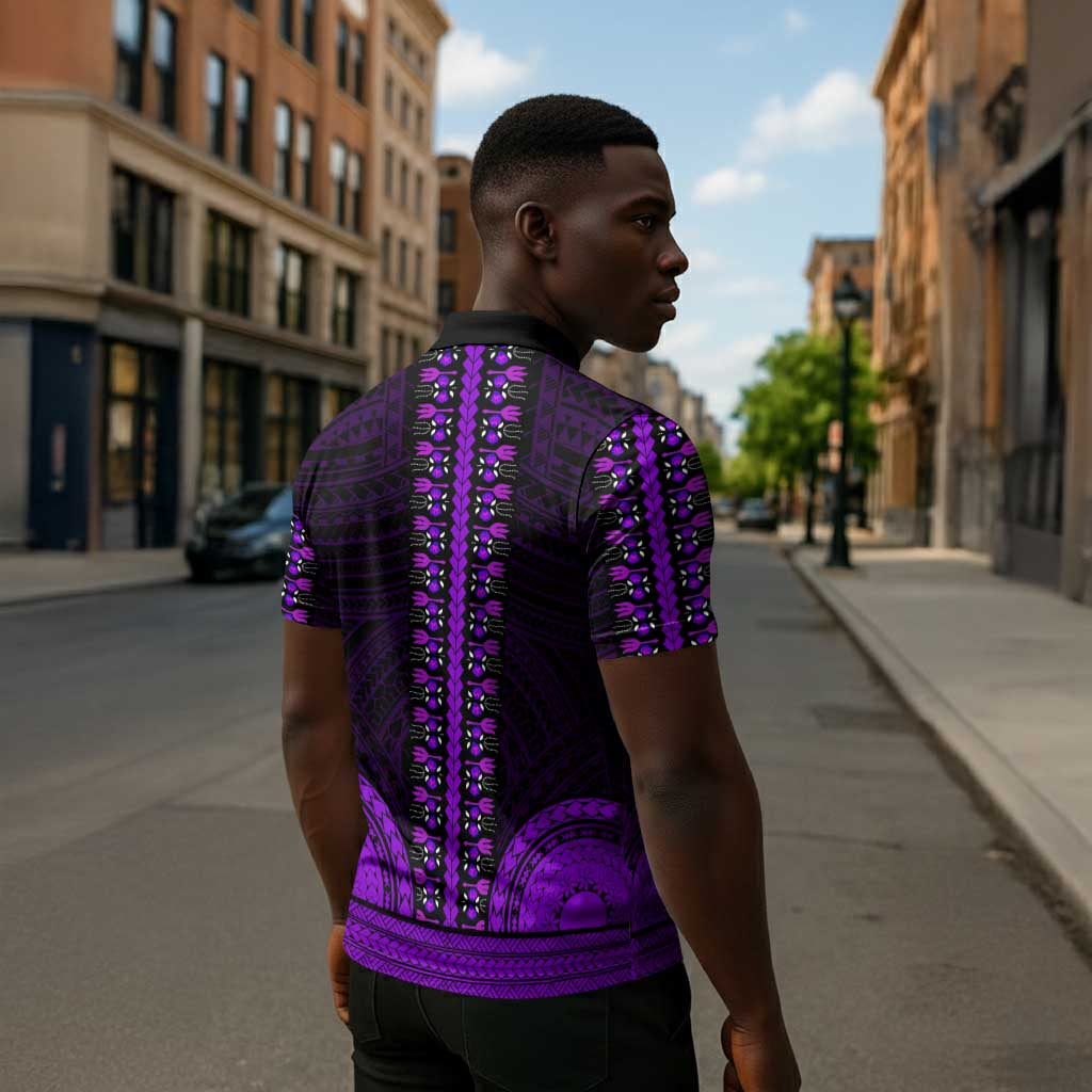 African Dashiki and Polynesian Pattern Zipper Polo Shirt Purple