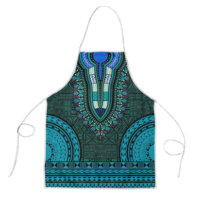 Teal Dashiki and Tapa Pattern Apron Africa-Polynesia Together Culture
