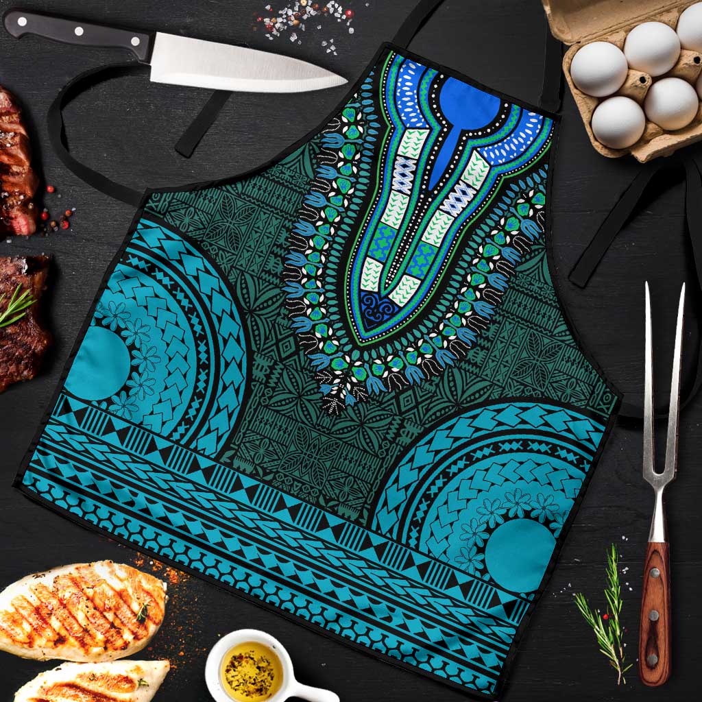 Teal Dashiki and Tapa Pattern Apron Africa-Polynesia Together Culture