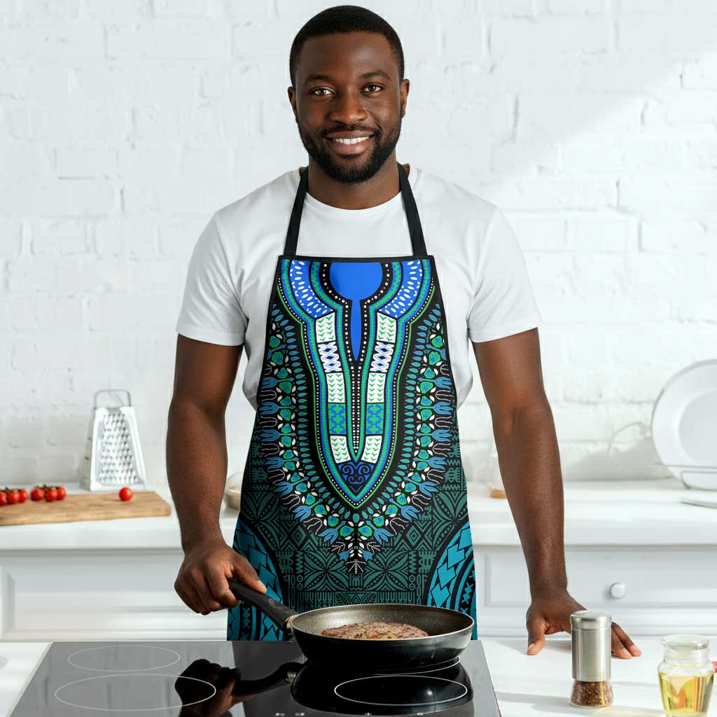 Teal Dashiki and Tapa Pattern Apron Africa-Polynesia Together Culture