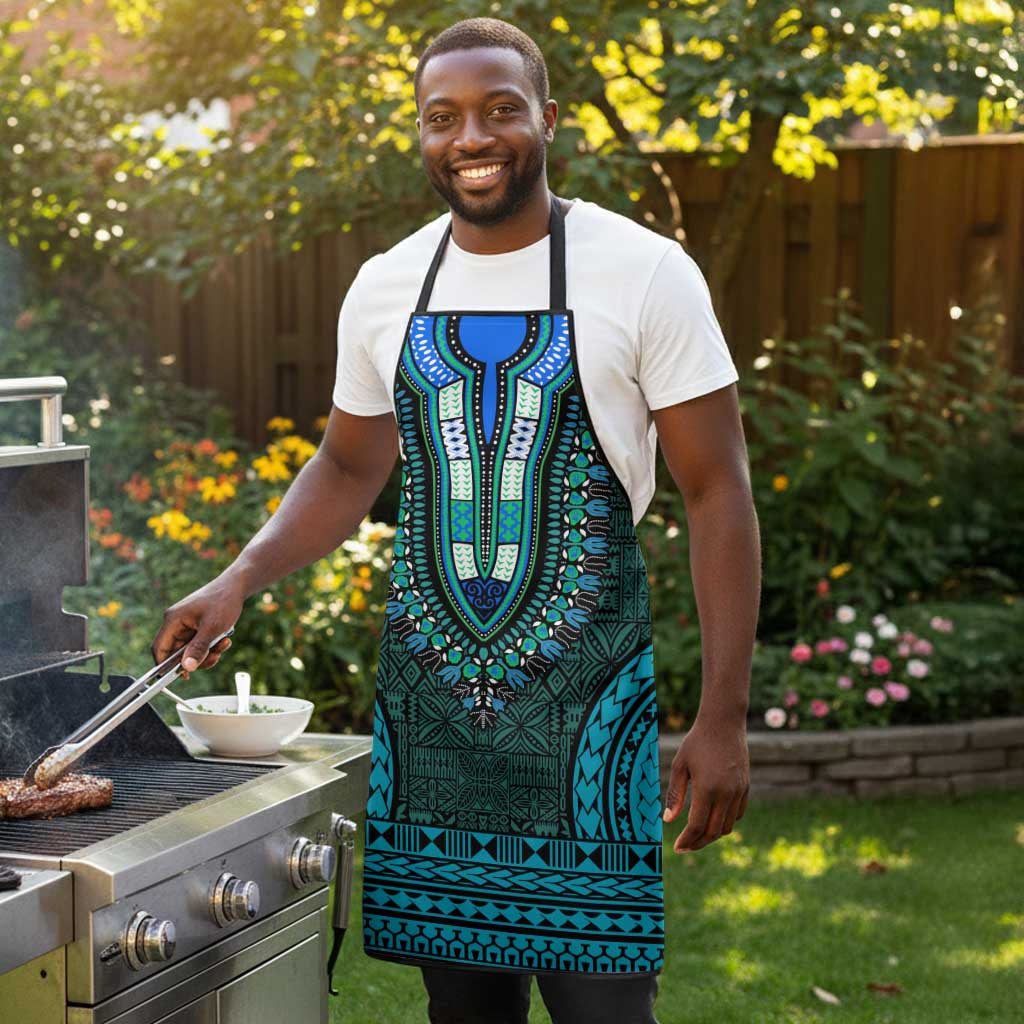 Teal Dashiki and Tapa Pattern Apron Africa-Polynesia Together Culture