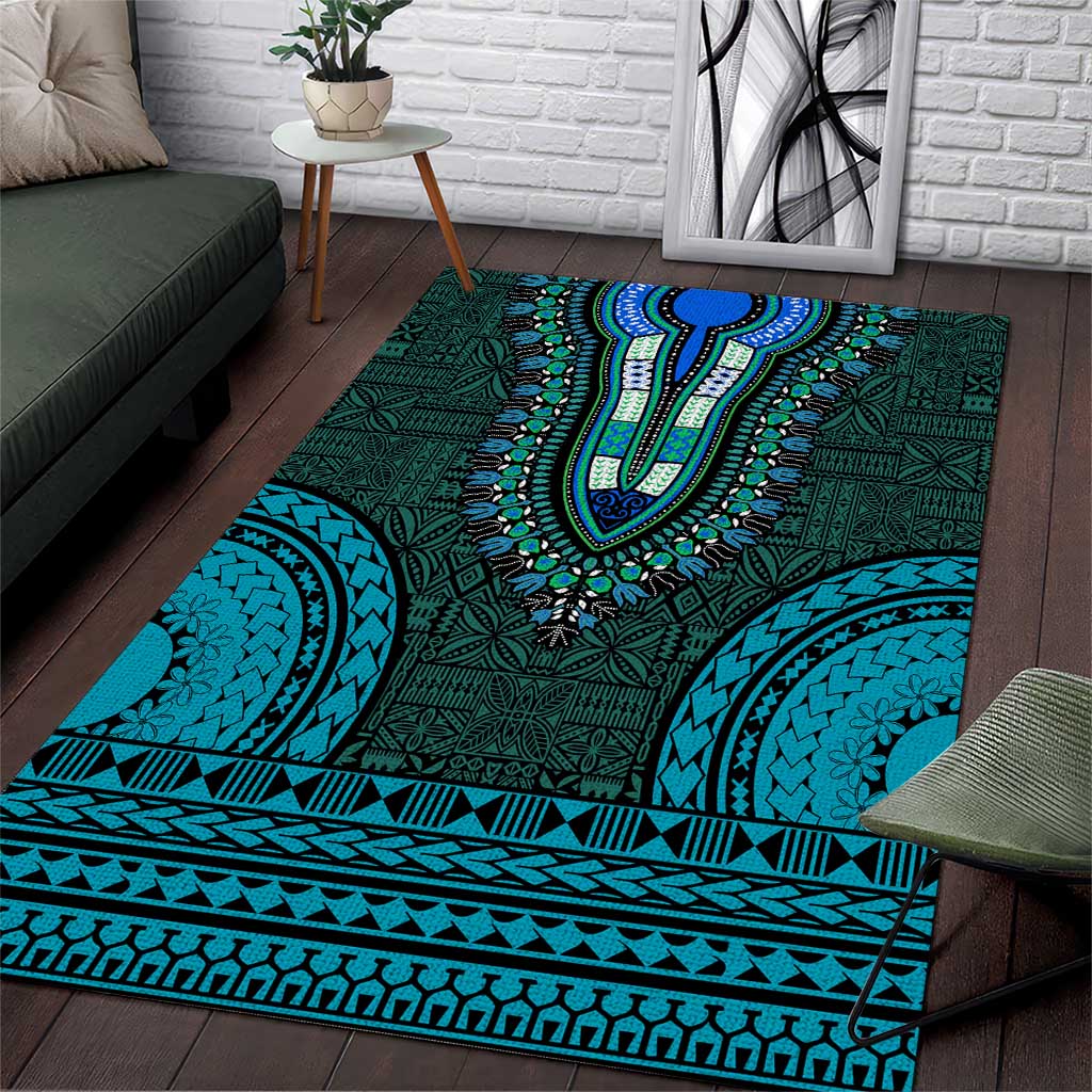 Teal Dashiki and Tapa Pattern Area Rug Africa-Polynesia Together Culture