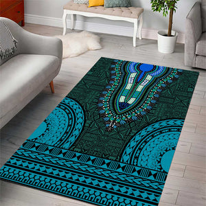 Teal Dashiki and Tapa Pattern Area Rug Africa-Polynesia Together Culture