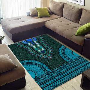 Teal Dashiki and Tapa Pattern Area Rug Africa-Polynesia Together Culture