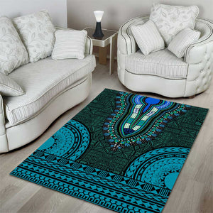 Teal Dashiki and Tapa Pattern Area Rug Africa-Polynesia Together Culture