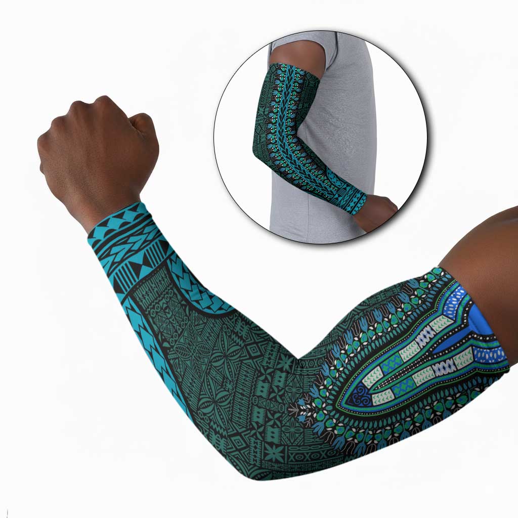 Teal Dashiki and Tapa Pattern Arm Sleeves Africa-Polynesia Together Culture