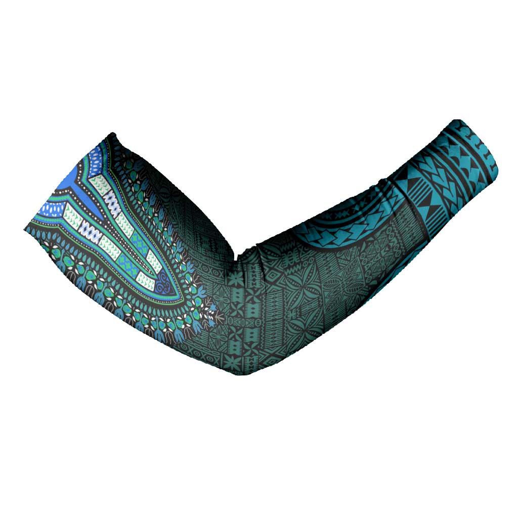 Teal Dashiki and Tapa Pattern Arm Sleeves Africa-Polynesia Together Culture