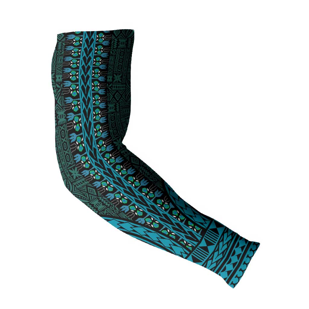 Teal Dashiki and Tapa Pattern Arm Sleeves Africa-Polynesia Together Culture