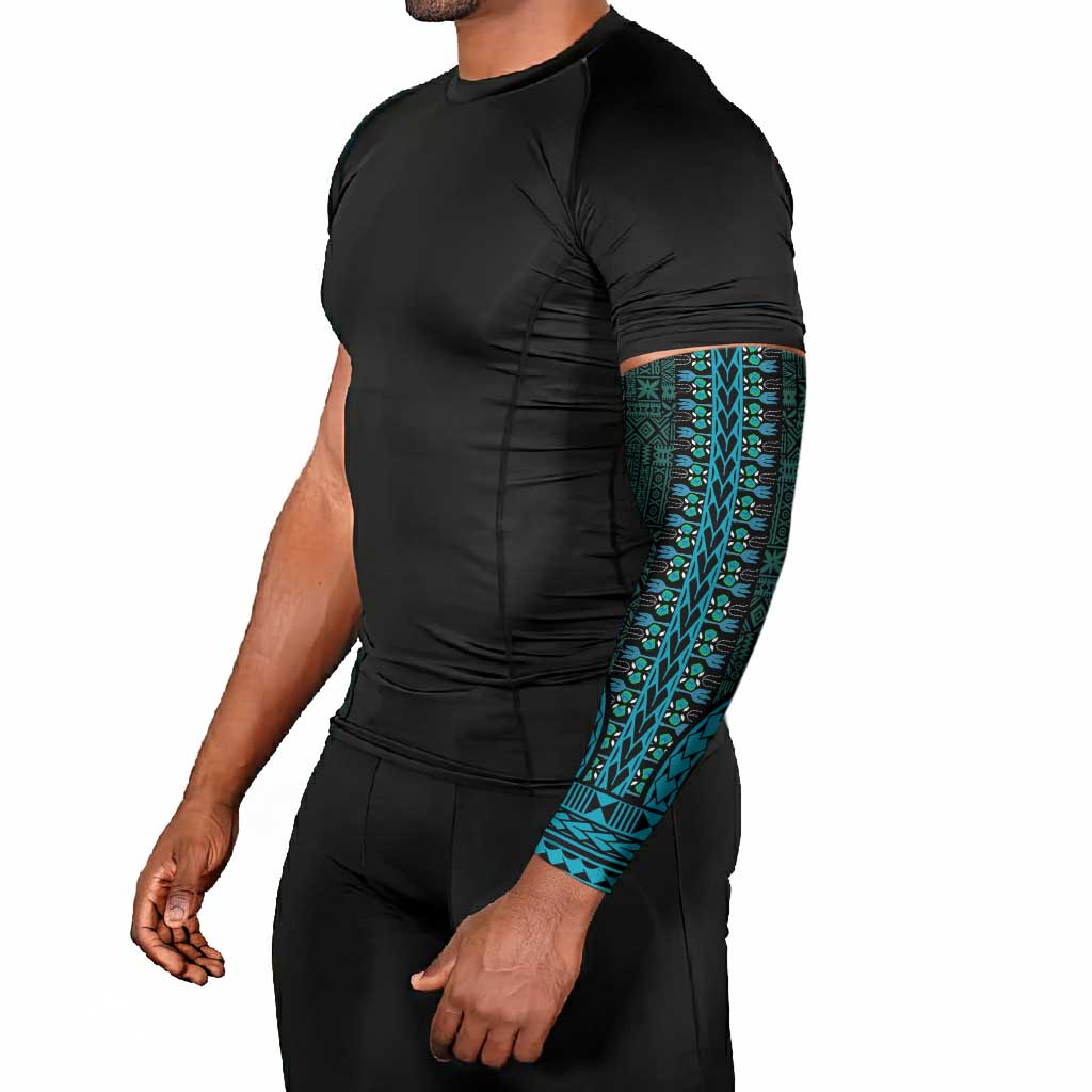 Teal Dashiki and Tapa Pattern Arm Sleeves Africa-Polynesia Together Culture