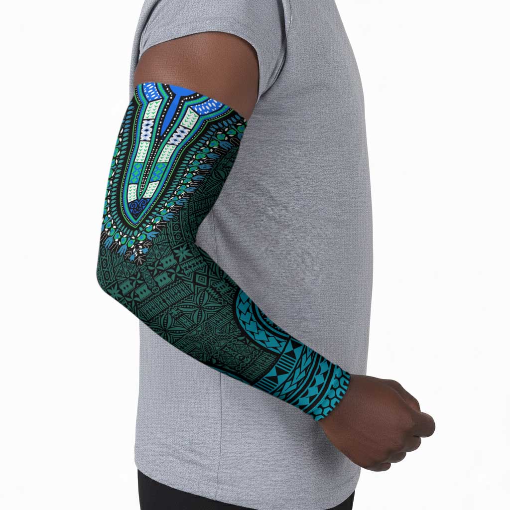 Teal Dashiki and Tapa Pattern Arm Sleeves Africa-Polynesia Together Culture