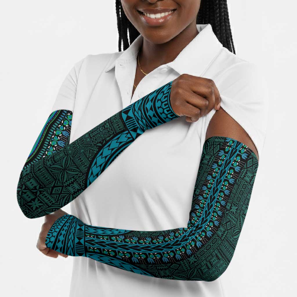 Teal Dashiki and Tapa Pattern Arm Sleeves Africa-Polynesia Together Culture
