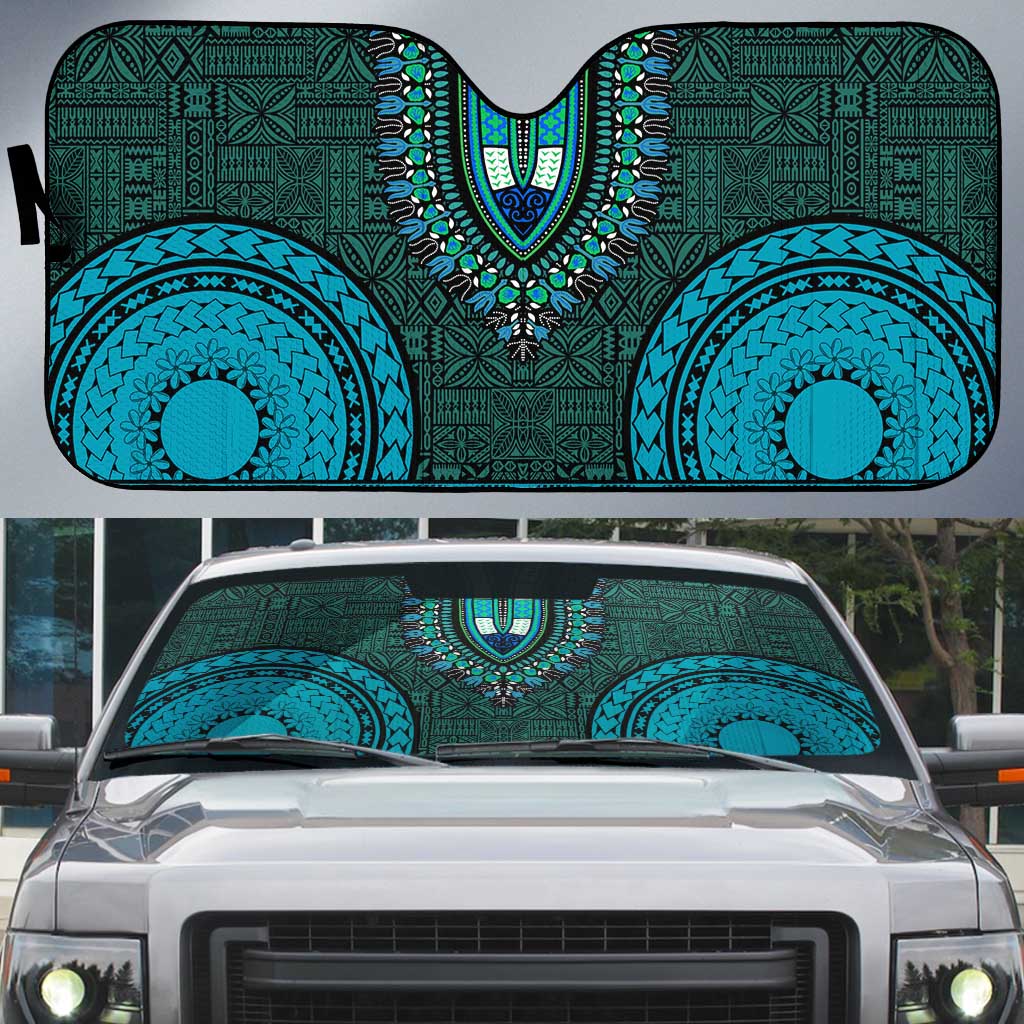 Teal Dashiki and Tapa Pattern Auto Sun Shade Africa-Polynesia Together Culture