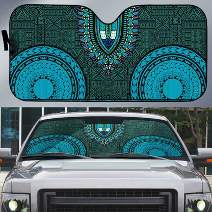 Teal Dashiki and Tapa Pattern Auto Sun Shade Africa-Polynesia Together Culture