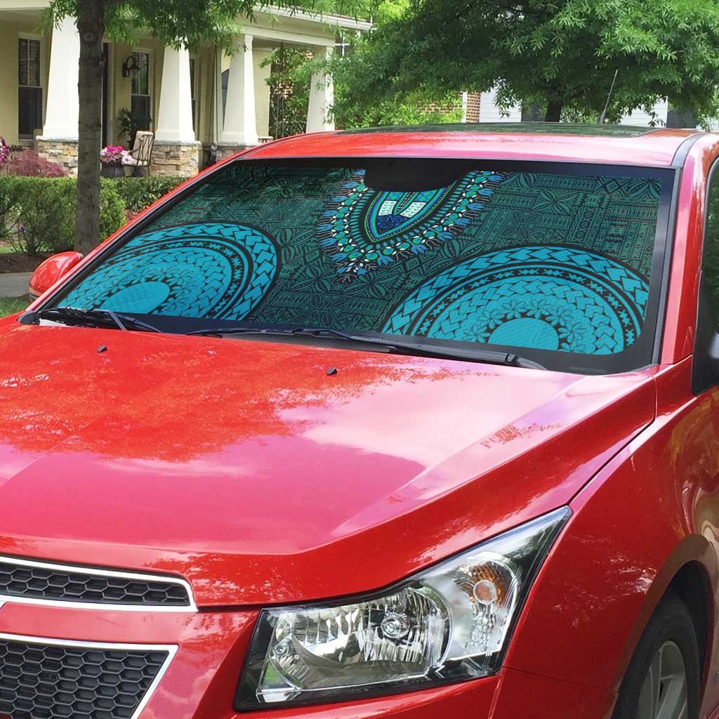 Teal Dashiki and Tapa Pattern Auto Sun Shade Africa-Polynesia Together Culture