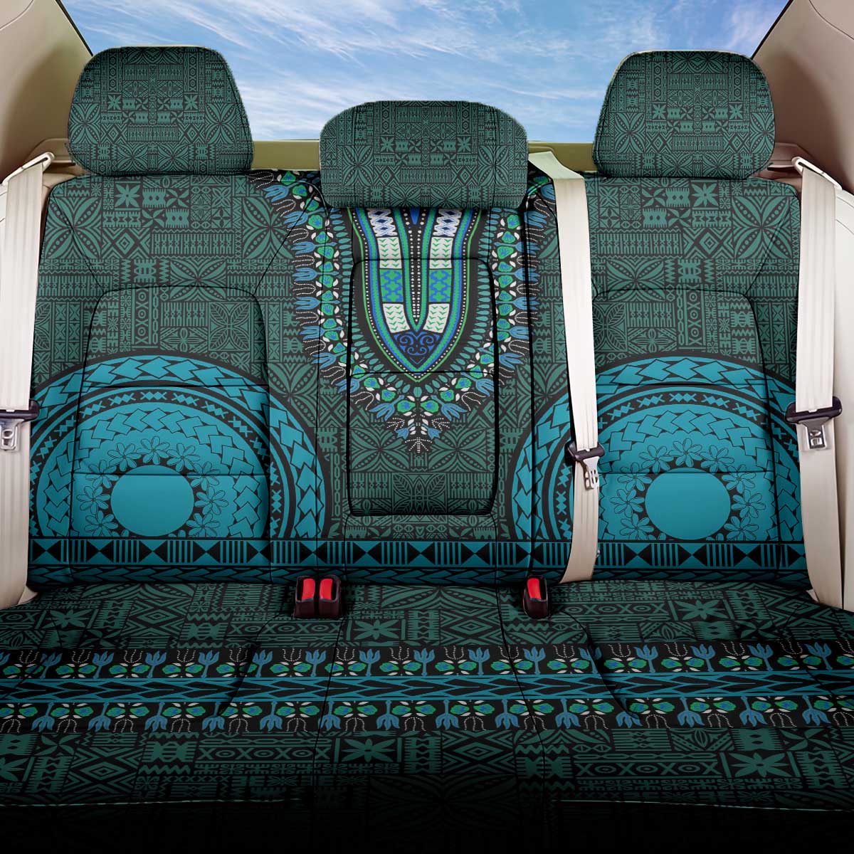 Teal Dashiki and Tapa Pattern Back Car Seat Cover Africa-Polynesia Together Culture