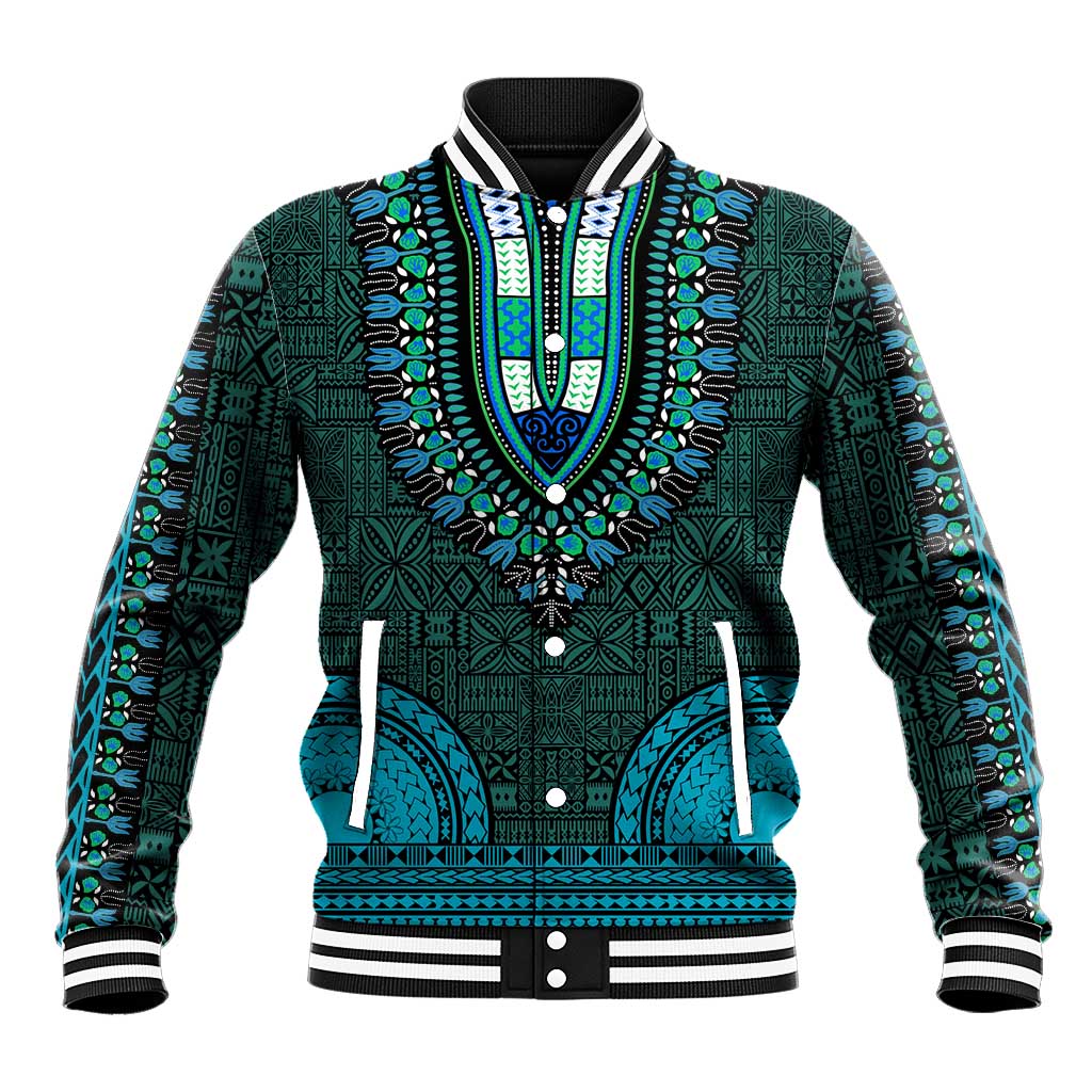 Teal Dashiki and Tapa Pattern Baseball Jacket Africa-Polynesia Together Culture